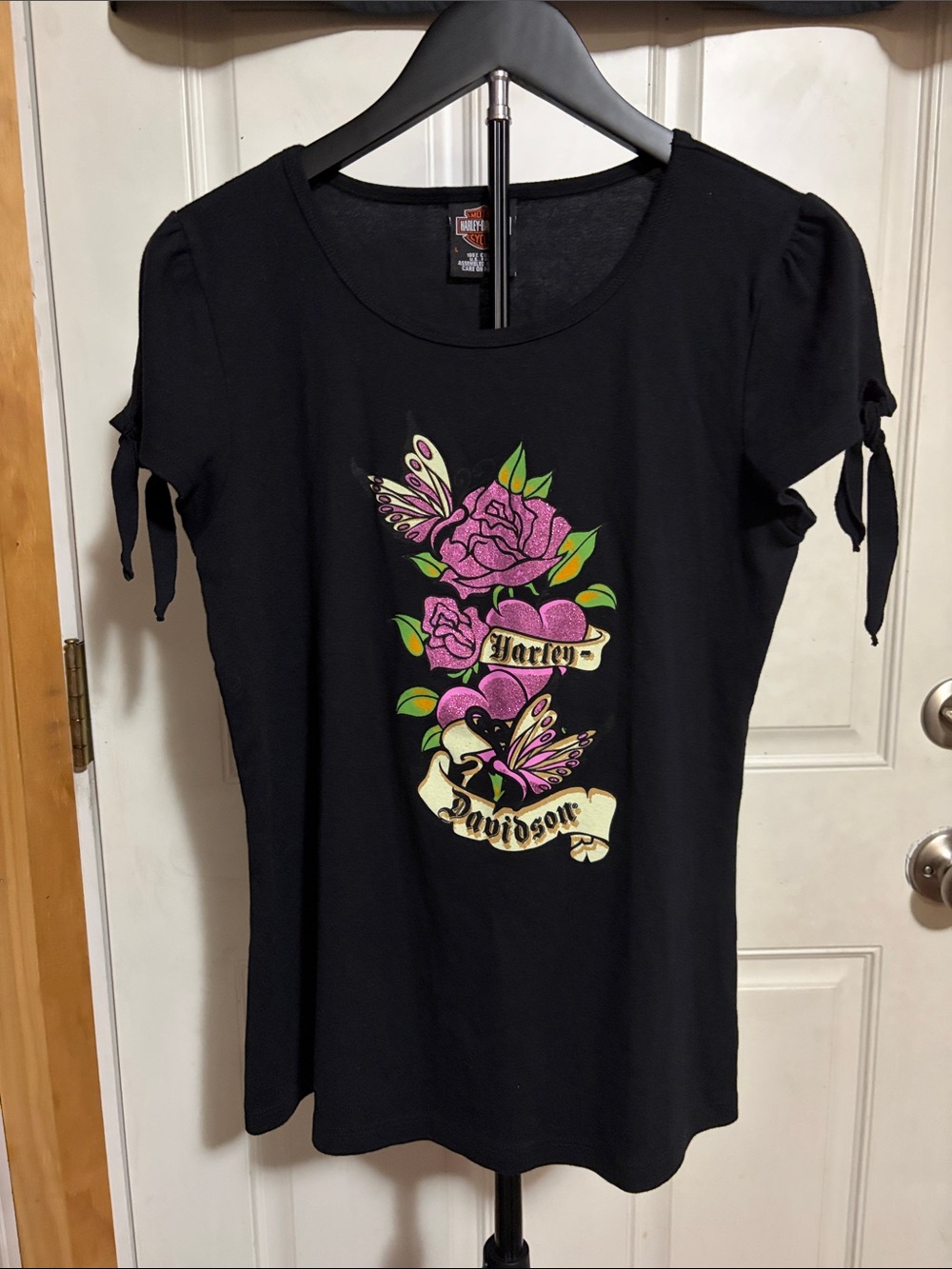 Y2K Harley Davidson Black Short Tie Sleeve Double Graphic Pink Flower Butterfly
